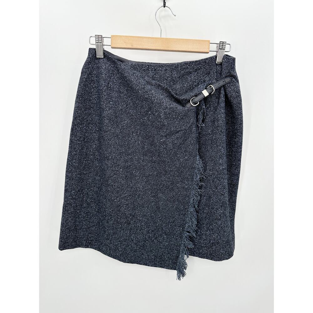 Anne Klein Petite 8 Wool‎ Silk Herringbone Wrap Skirt Grey Frayed Trim Buckle